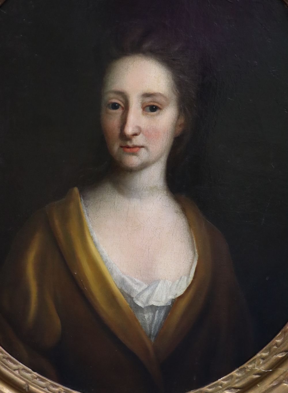 18th century English School, oil on canvas, Portrait of a woman wearing a brown dress, 74 x 61cm